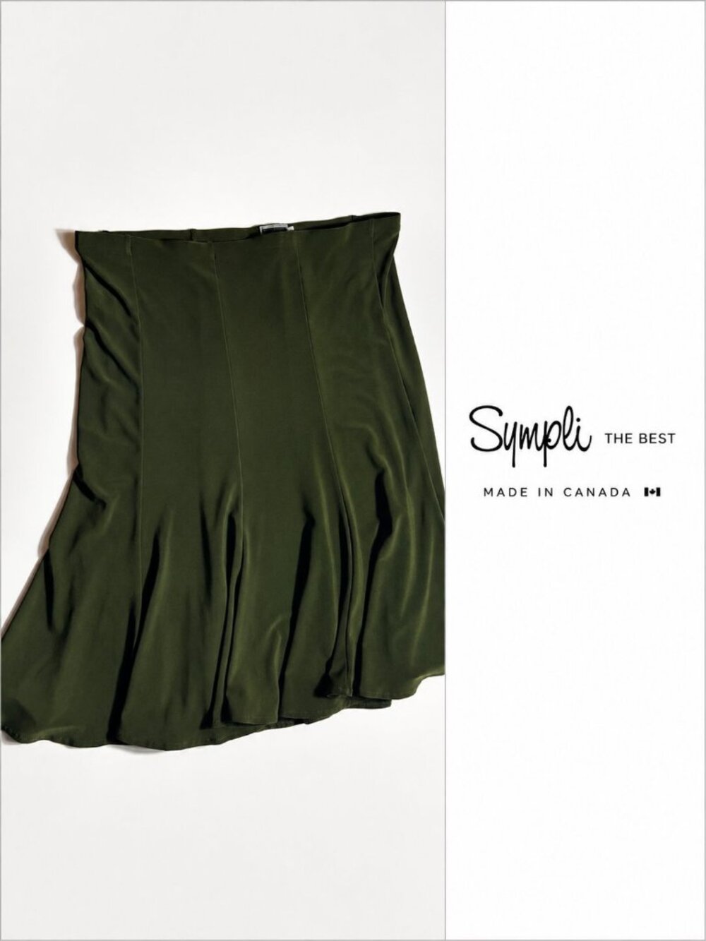 Sympli Olive Green Flared Pull-On Midi Skirt Made in Canada Size 12